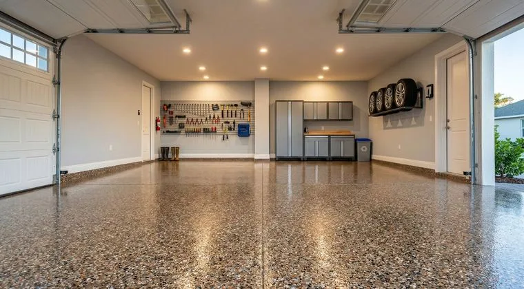 Decorative flake epoxy floor in a clean Broward County garage