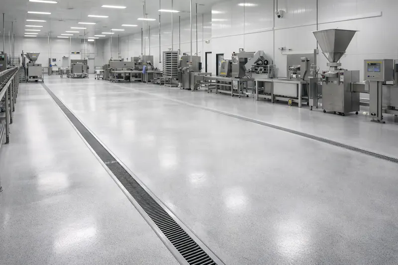 Food processing plant floor with drainage channel Broward County