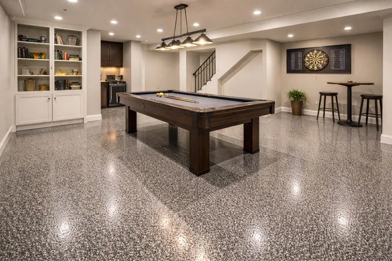 Rec room charcoal flake epoxy floor