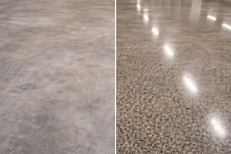 Polished concrete before and after — raw concrete vs high-gloss finish Broward County