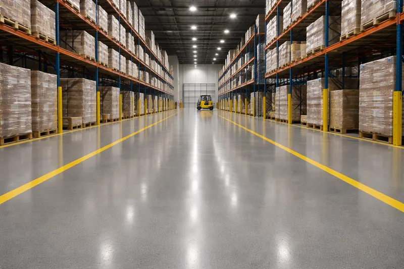 Warehouse epoxy floor with yellow safety line markings Broward County