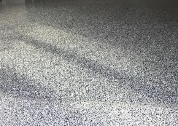 Blue-gray flake epoxy garage floor real Broward County project